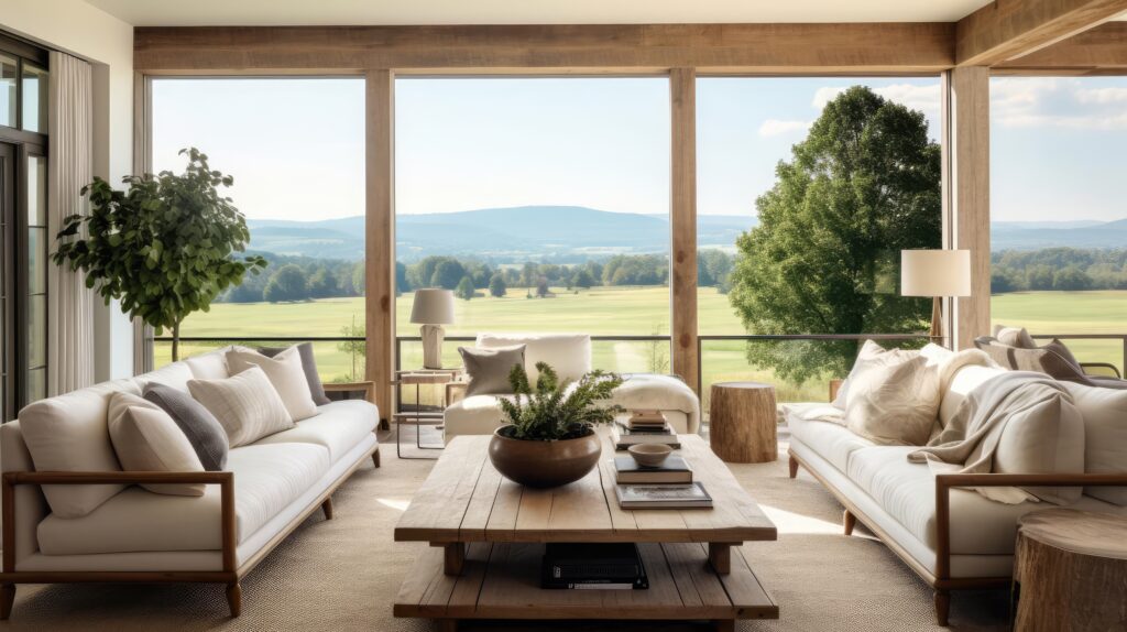 Modern country ranch house living room with view of rolling hills. Purchase with Nicole McKenzie, Taking You Home.