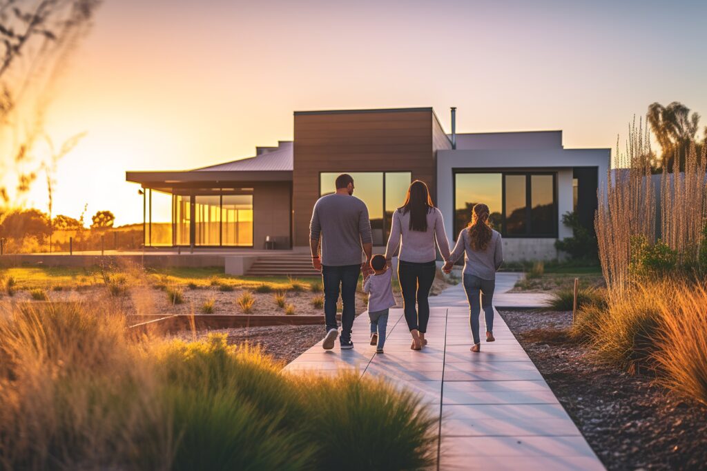 Family walking toward their new modern style home with sunset.